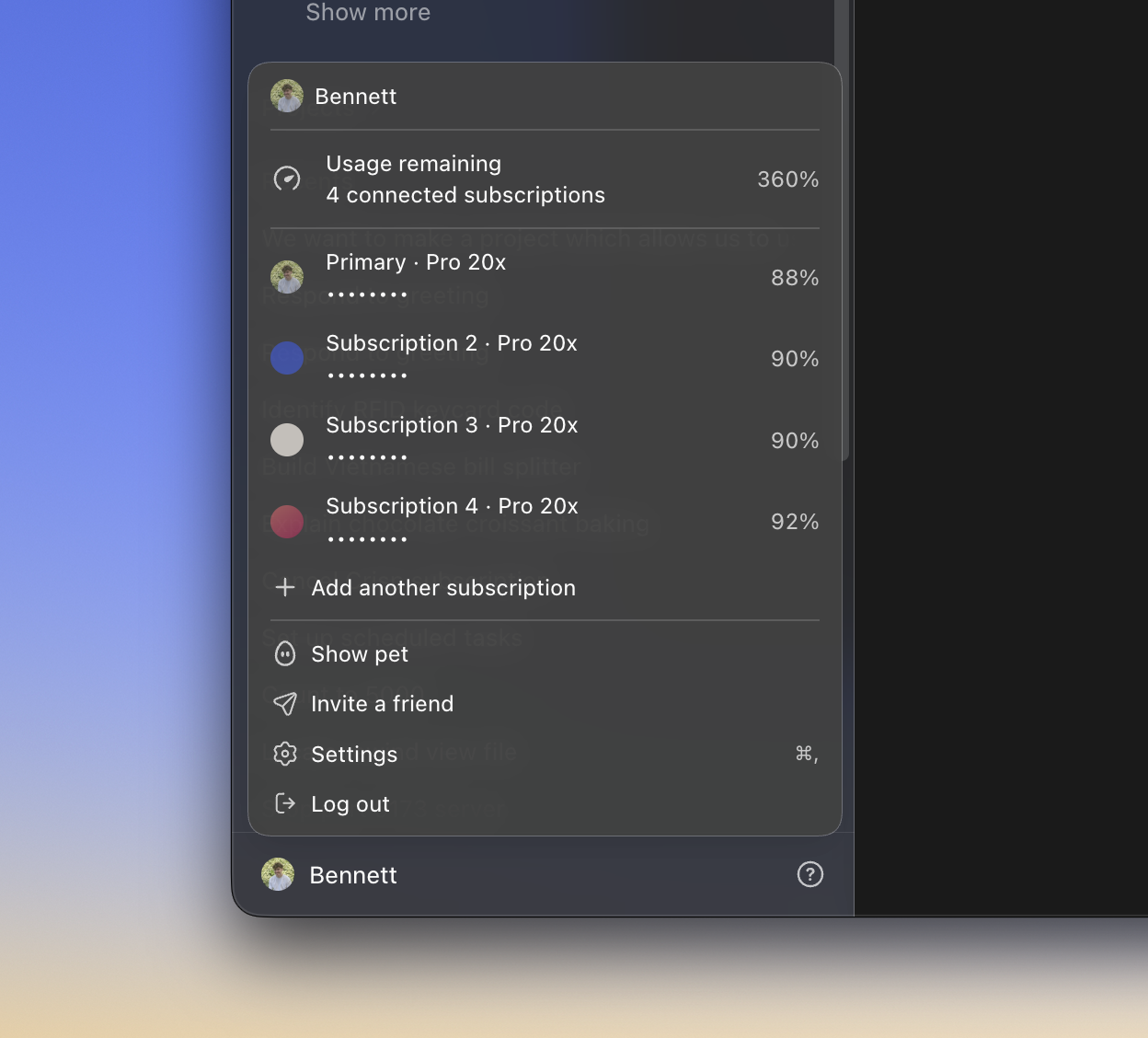 Multi-subscription account menu