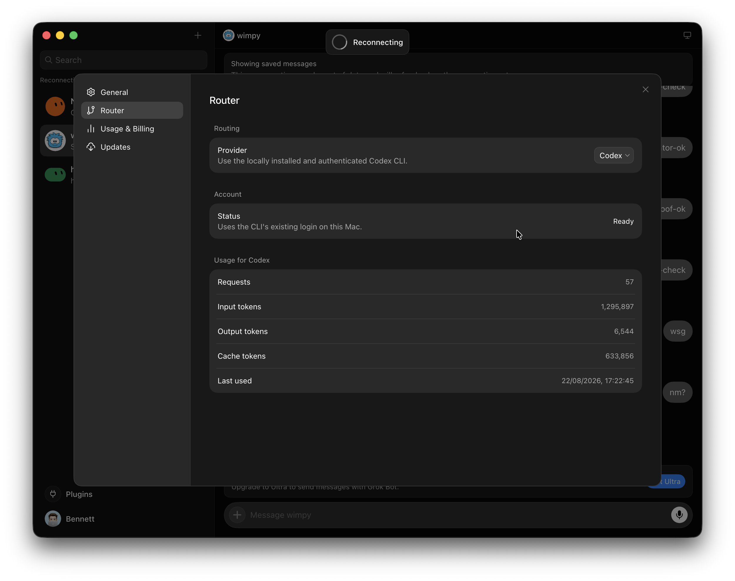 Grok Bot Router settings with Codex selected and local usage totals