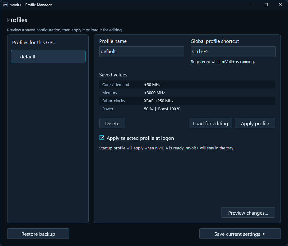 Profile Manager with saved values and separate apply/edit actions