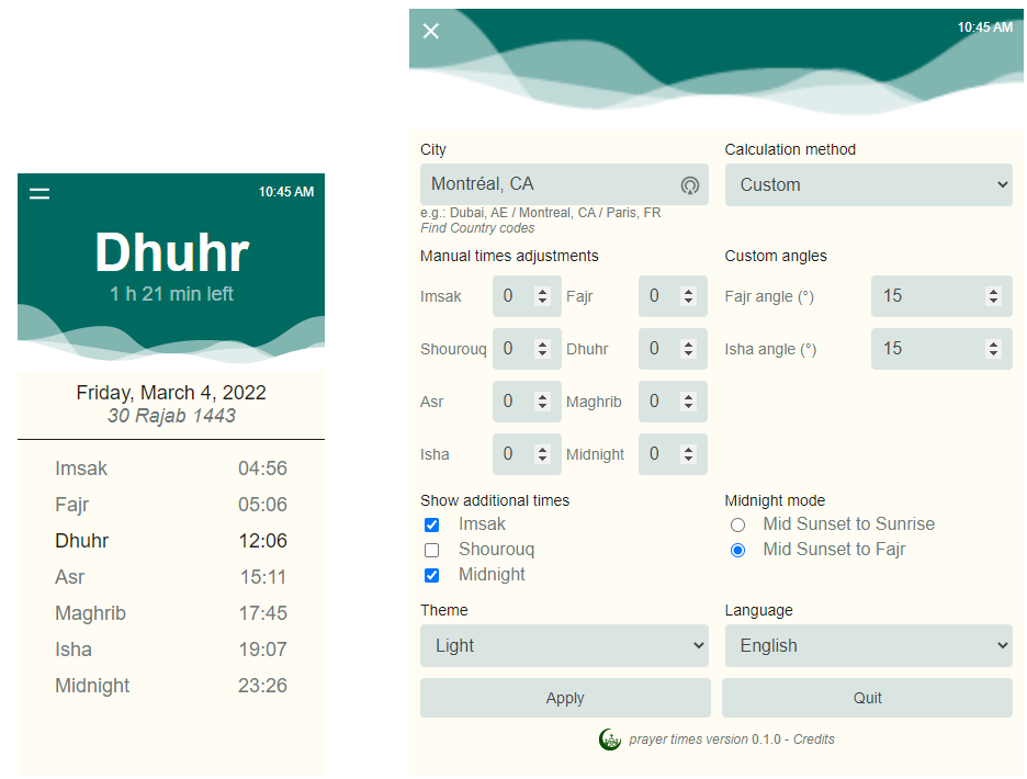 prayer-times screenshot - light