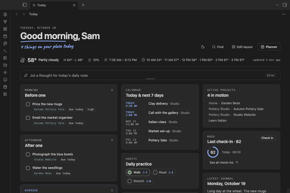 The Today page in dark mode