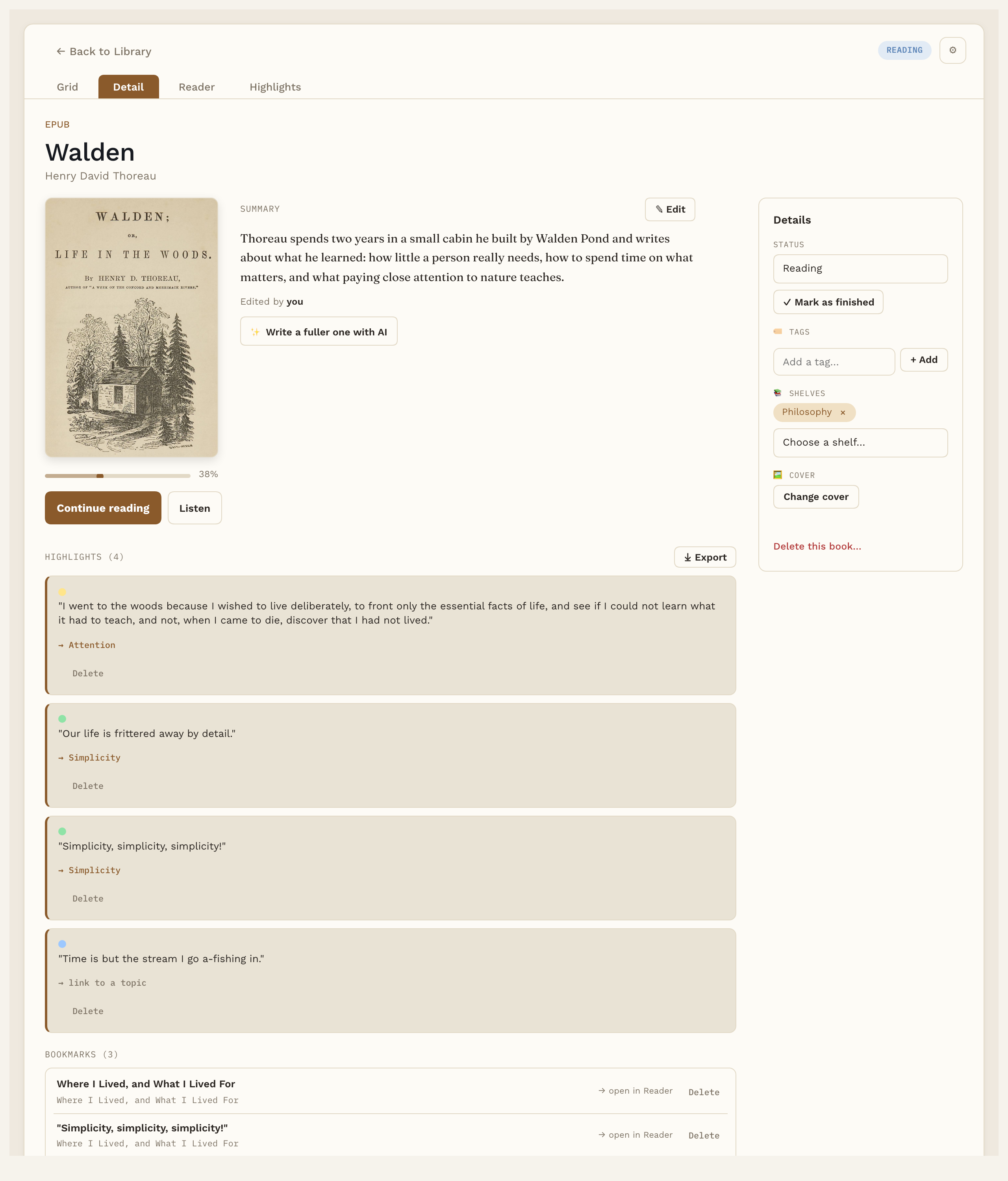 A book page with its summary, details and highlights