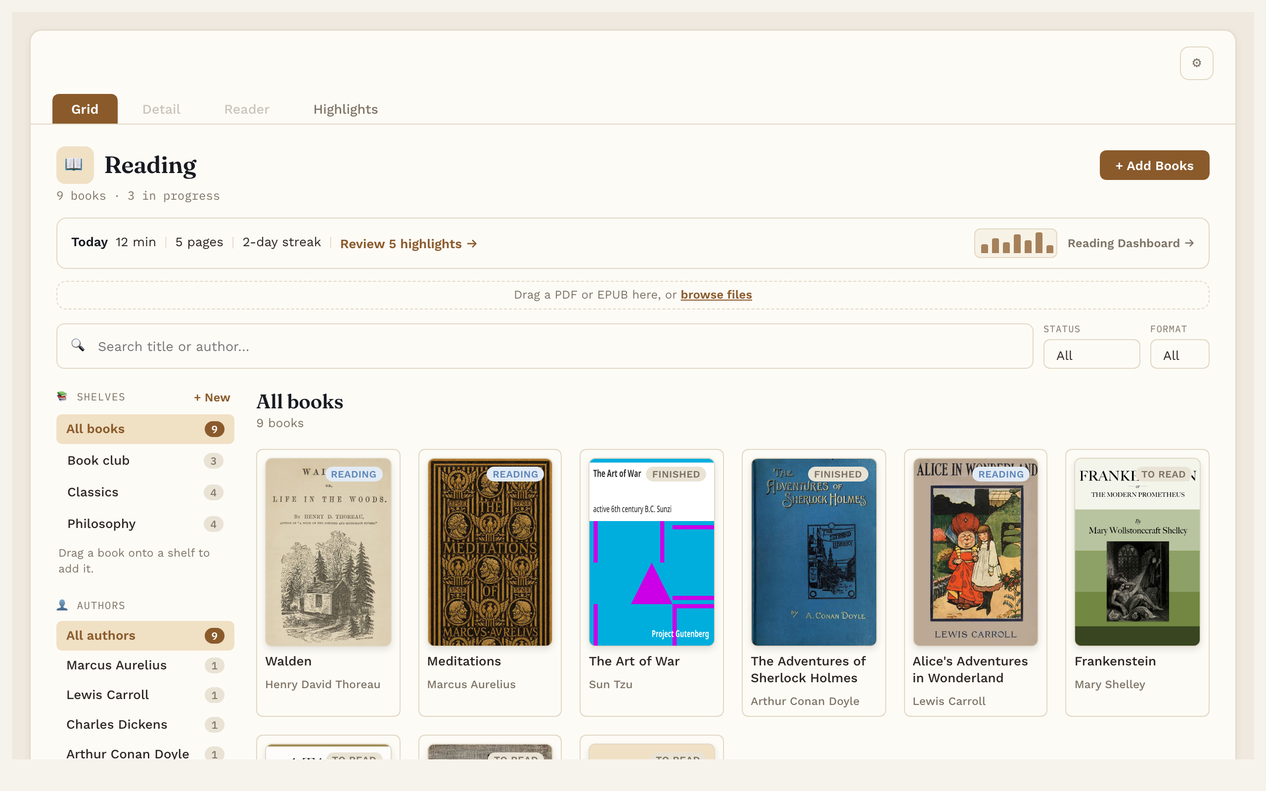 The library: your books as covers, with shelves, authors and today's reading