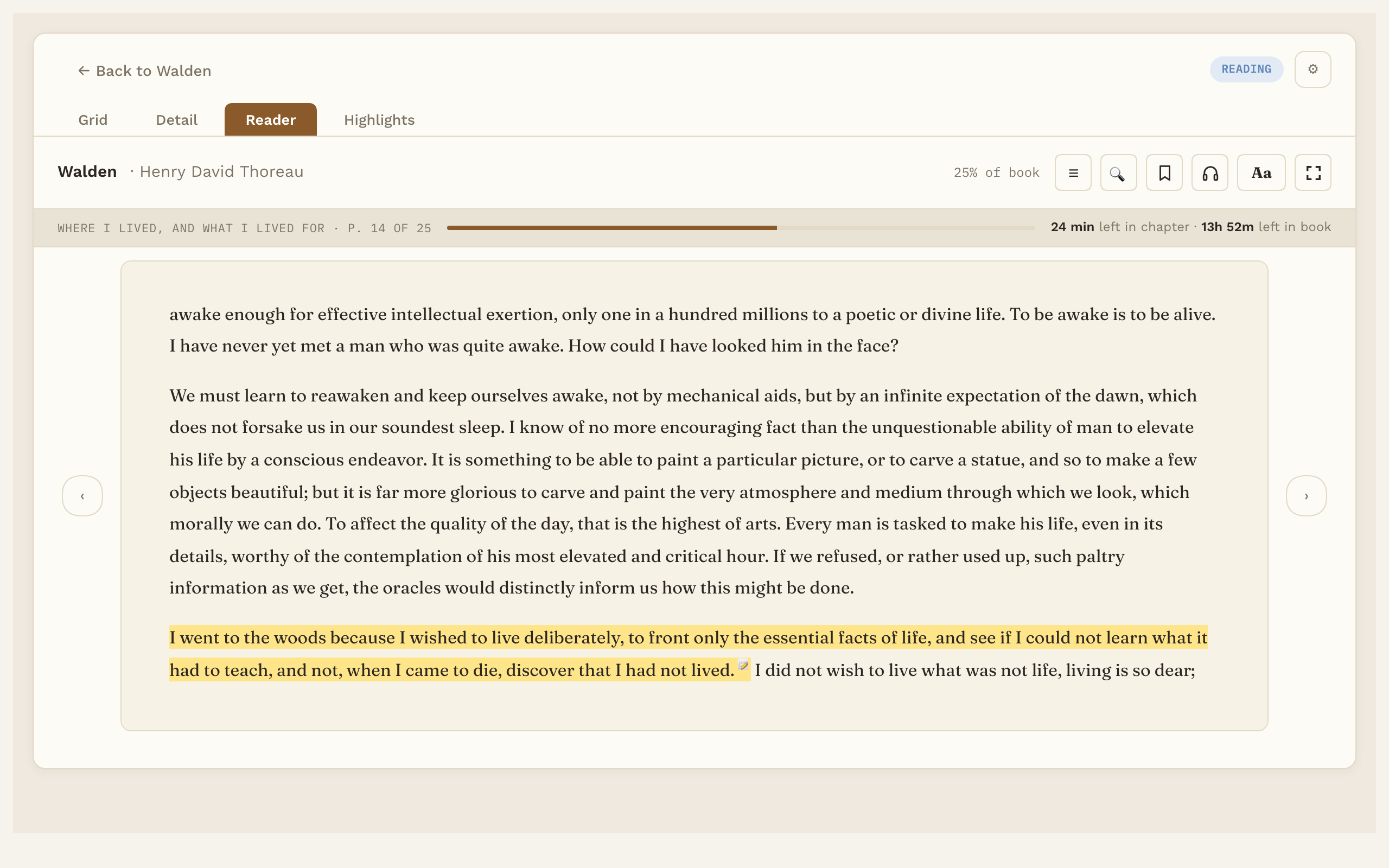 The reader showing a highlighted passage from Walden