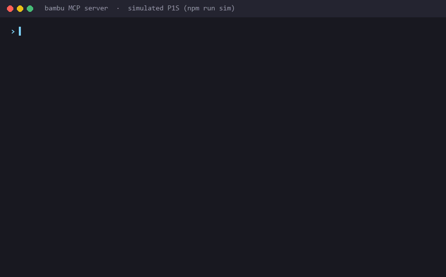 Tool calls against the simulated printer: status, AMS, pause and light, then a cancel that is refused without confirmation