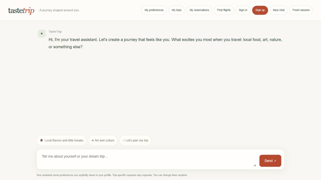 TasteTrip conversational welcome