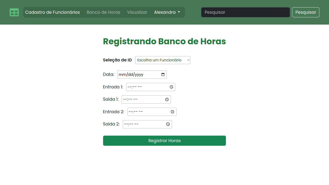 Página para registro do banco de horas dos funcionários