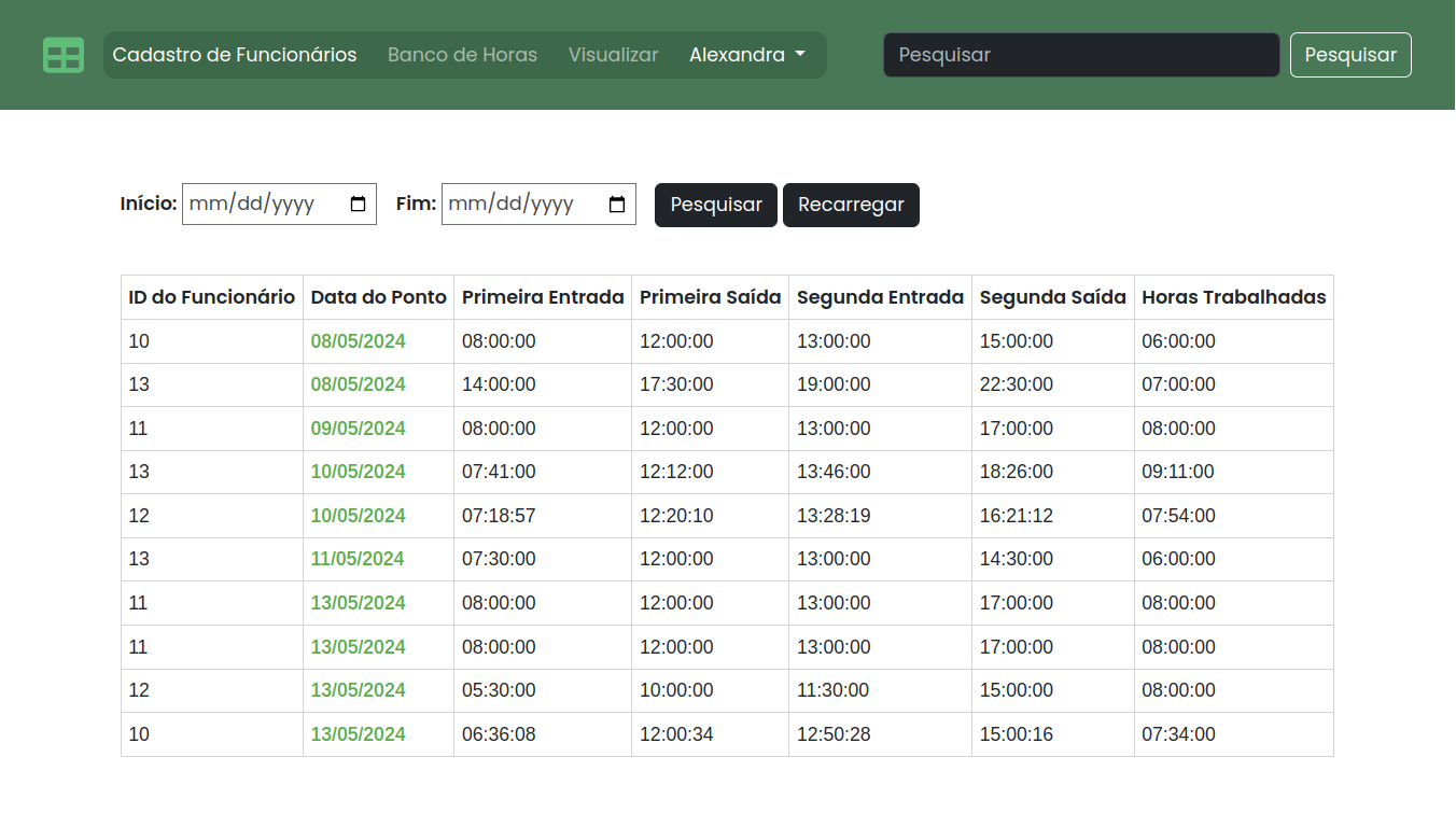 Página para visualização de banco de horas baseado entre data inicial e data final