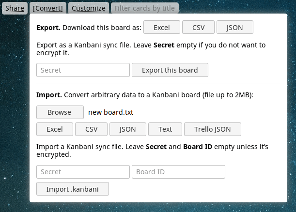 Screenshot: import/export options
