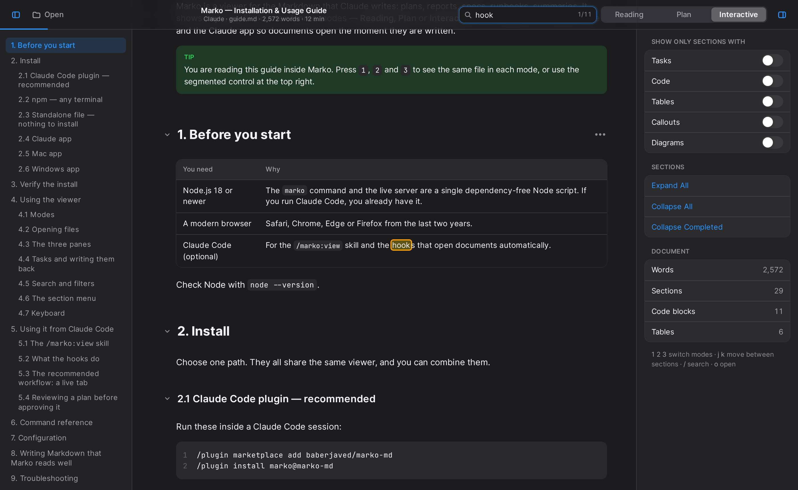 Marko MD Interactive mode in dark theme with search, section filters, and document statistics