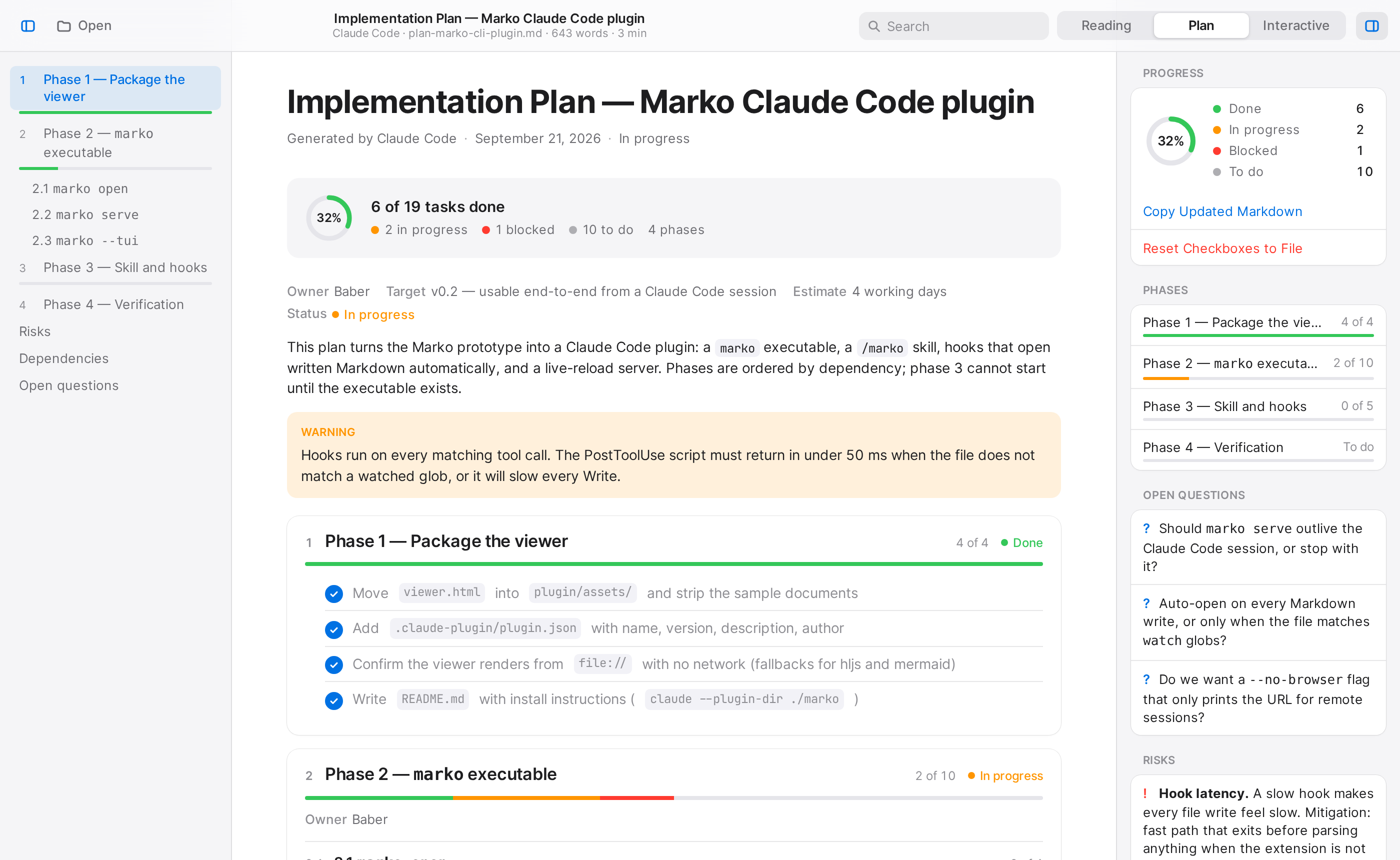 Marko MD Plan mode showing phases, task progress, risks, dependencies, and open questions