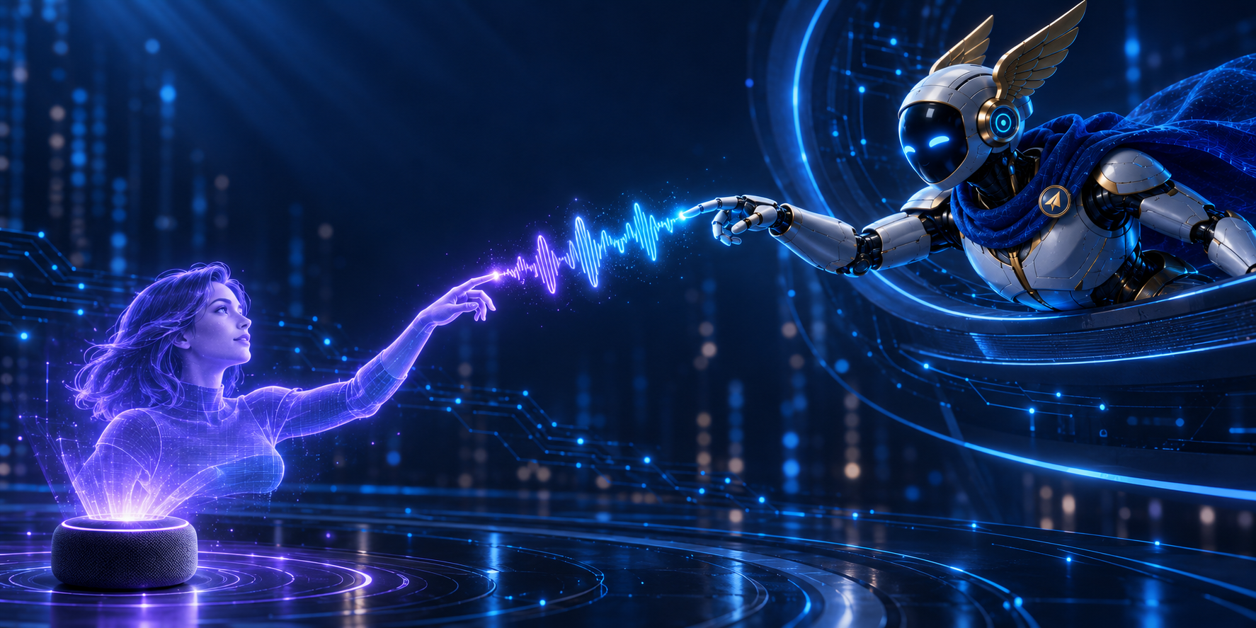 Alice sends a voice task to Hermes: a violet holographic assistant and the Hermes robot reach toward a visible audio waveform