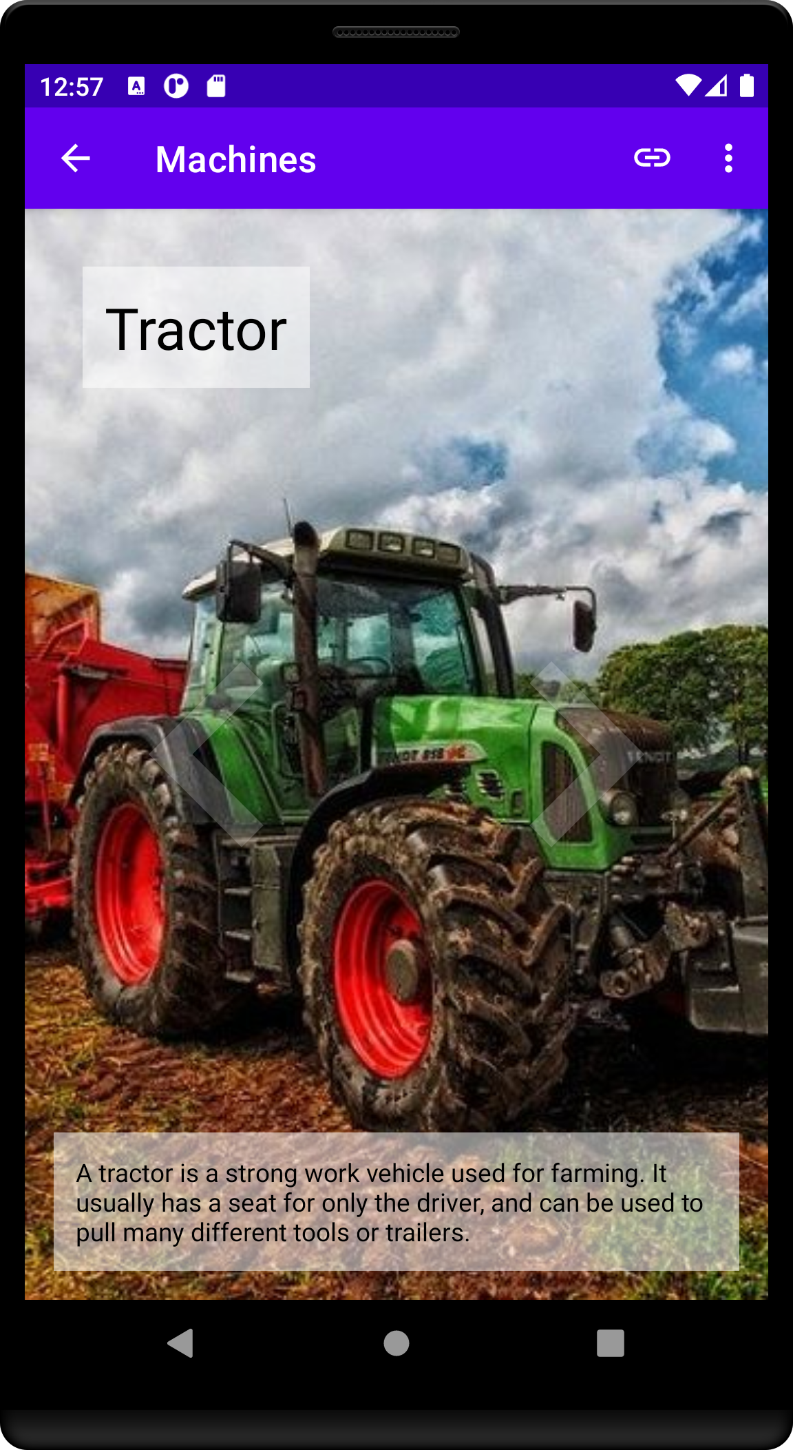 Screenshot of android app showing a book page about tractors