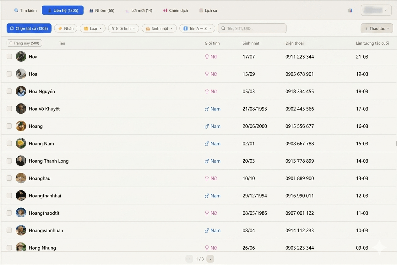 Màn hình CRM và quản lý liên hệ trong Deplao