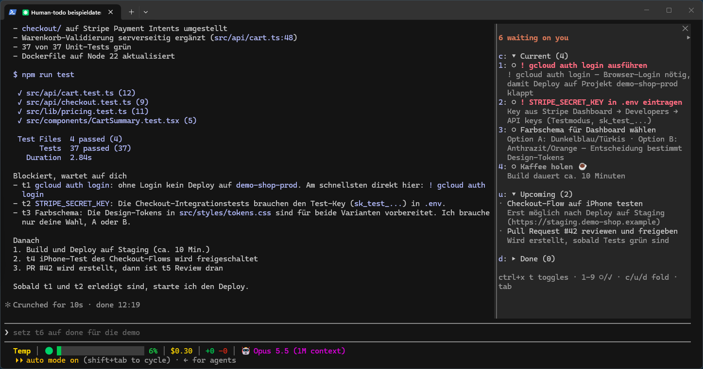 human-todo sidebar next to a Claude Code session: six todos waiting on the user, grouped into Current and Upcoming