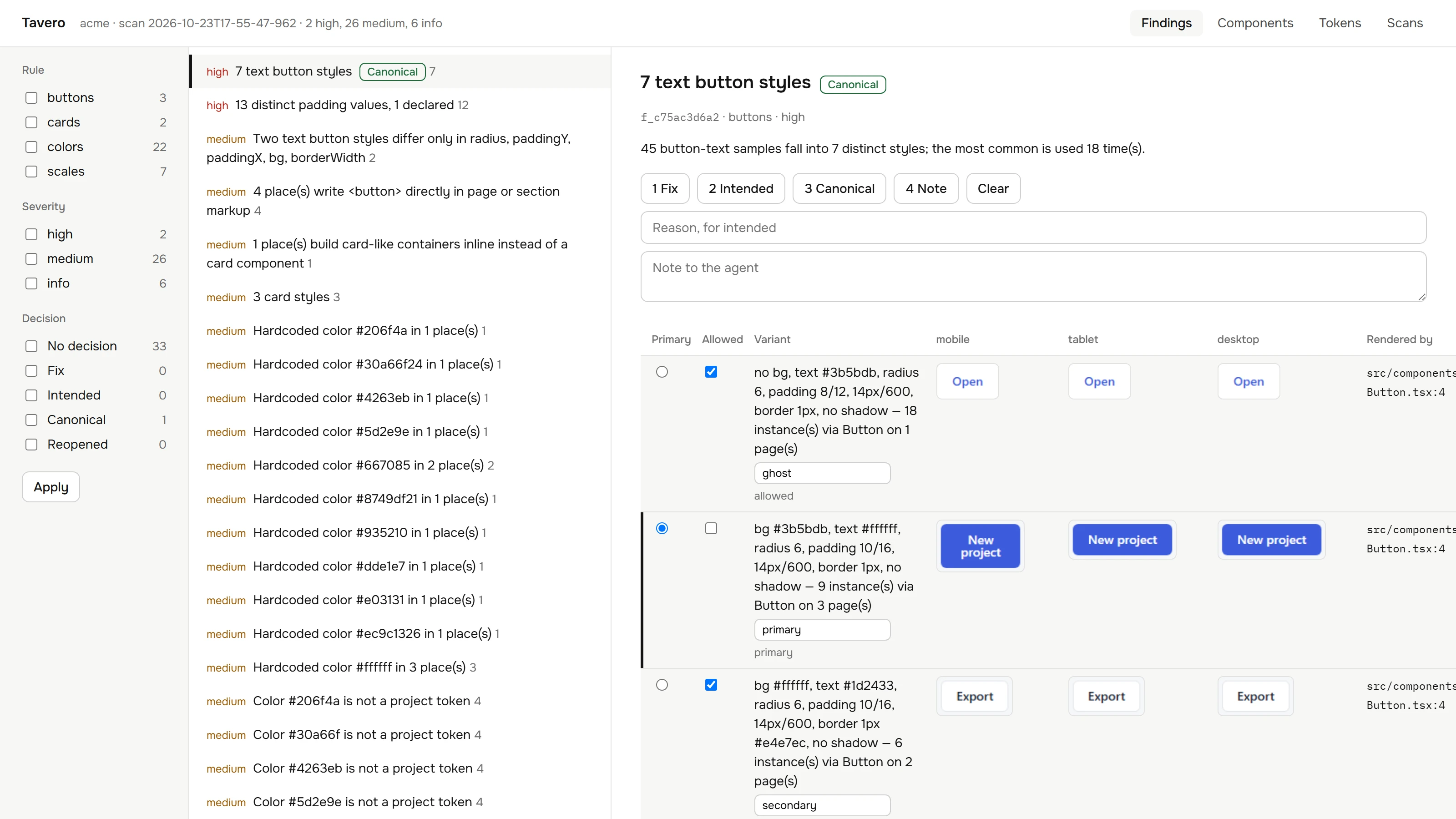 The Tavero panel: a list of findings and, for the button styles finding, every variant with its crop at three widths and a choice of the canonical one