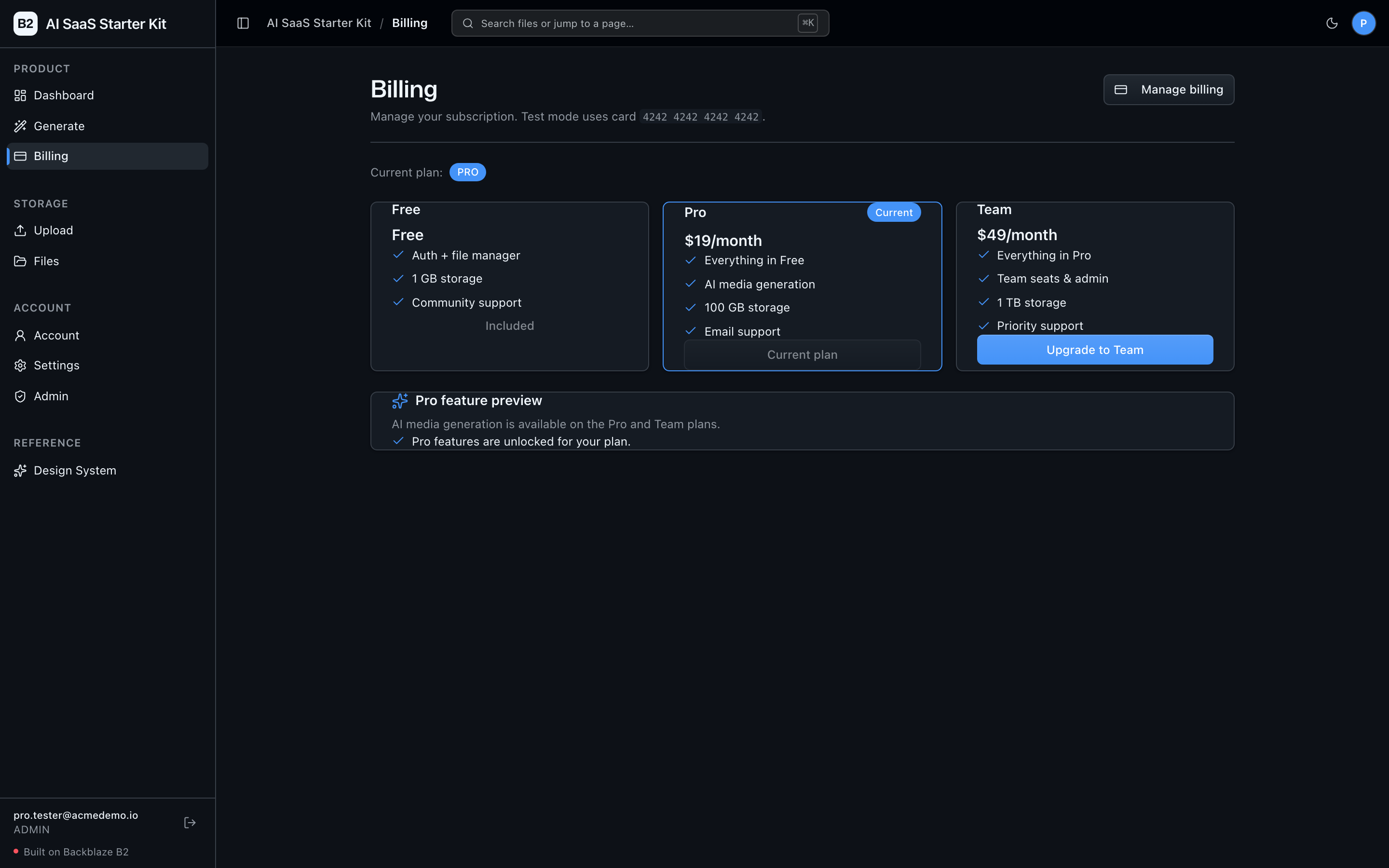 Billing page showing Free, Pro, and Team plan cards with the current plan highlighted