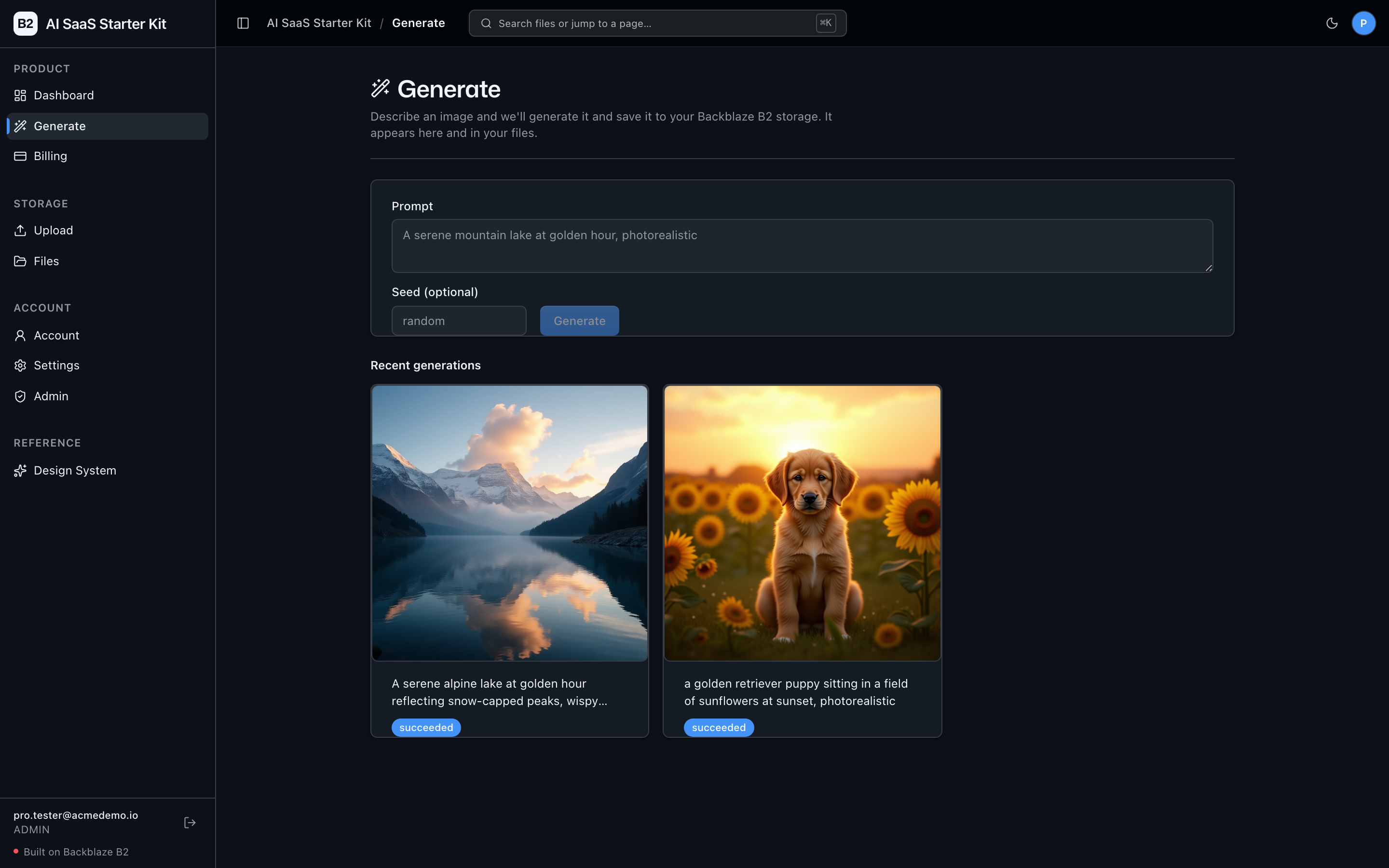 Generate page with a prompt form and a gallery of generated images