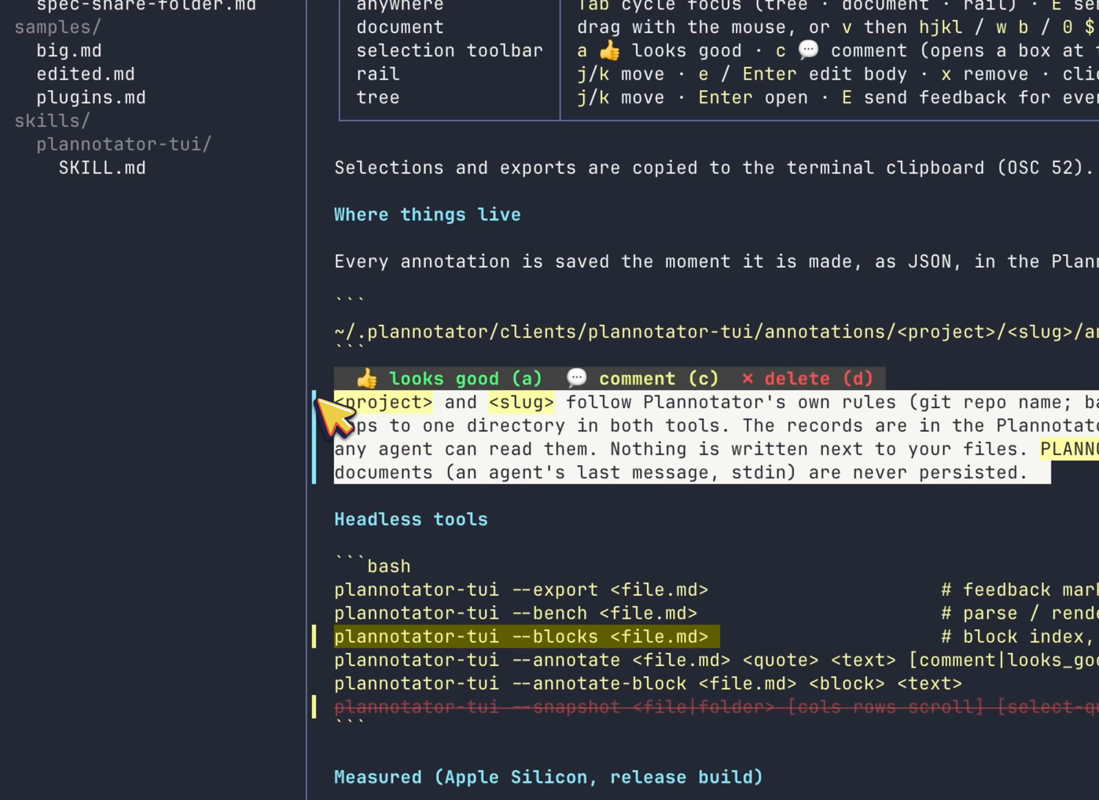 Plannotator TUI annotating a markdown folder in the terminal