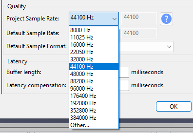 project sample rate dropdown in audacity