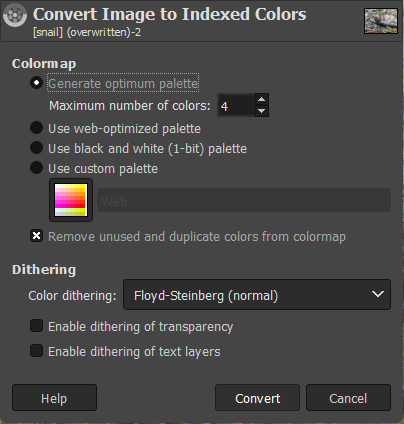 Generate optimum palette, 4 colors -> Floyd-Steinberg dithering -> Convert