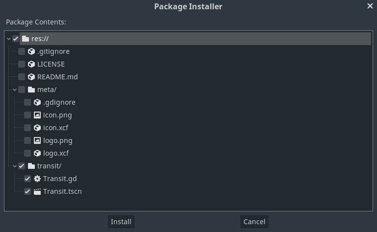 Image showing the package installer with only transit selected