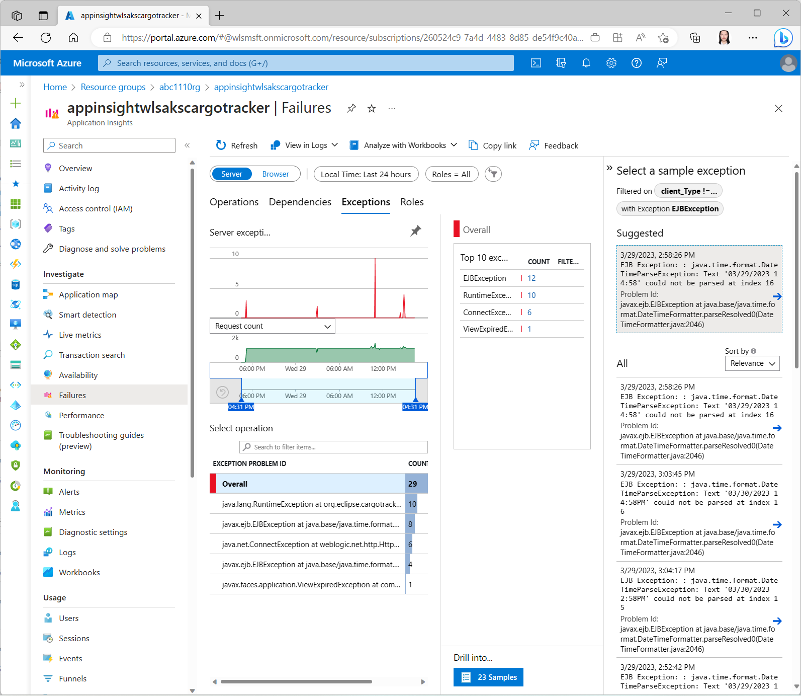 Cargo Tracker Failures in Application Insights