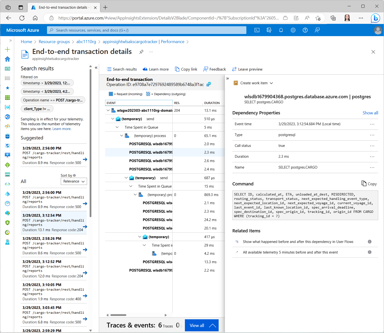 Cargo Tracker transaction details in Application Insights