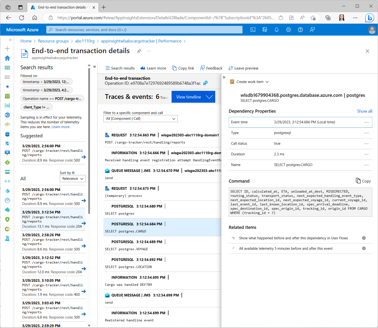 Cargo Tracker traces and events in Application Insights