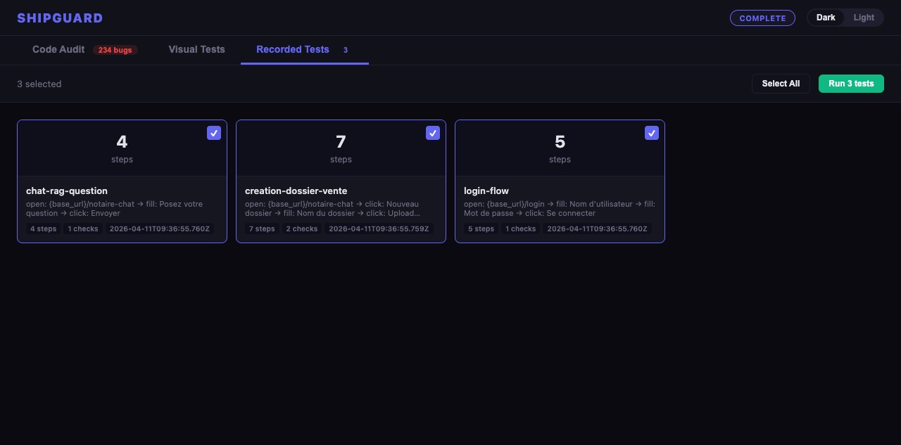 Recorded Tests — Selected for Run