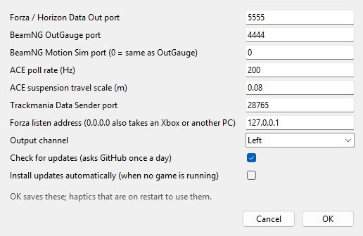 The Advanced settings dialog with its default values: the game ports, ACE poll rate and suspension scale, the Forza listen address, the output channel, Check for updates ticked and Install updates automatically unticked