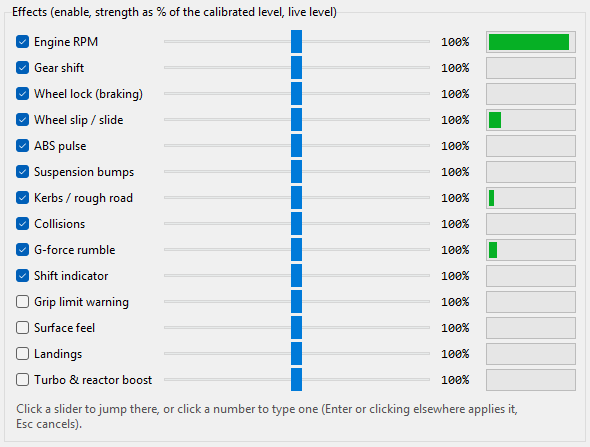 The Effects panel: one row per effect with its on/off box, strength slider, percentage and live bar