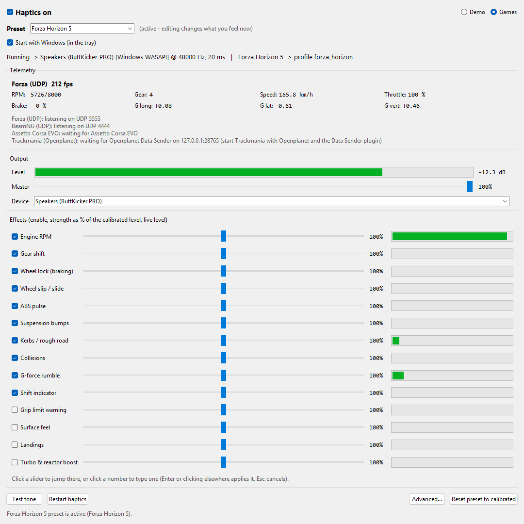 The OpenShaker window while Forza Horizon 5 is driving: Haptics on, the Forza Horizon 5 preset, the status line, live telemetry, the output level, Master and device, and the 14 effect rows