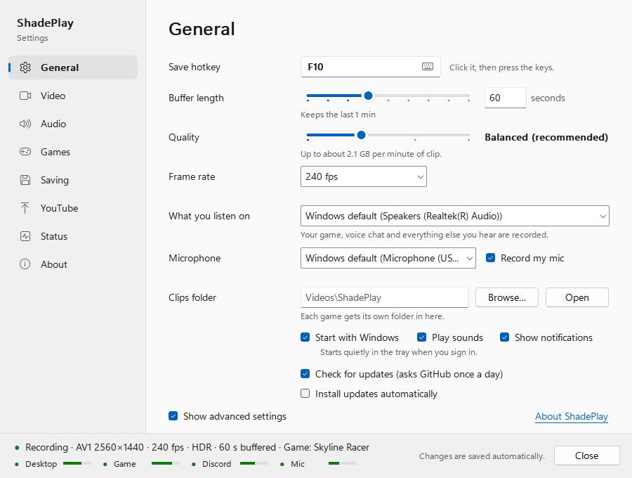 The settings window in advanced mode on the General page: the page list General, Video, Audio, Games, Saving, YouTube, Status and About on the left; Save hotkey F10, Buffer length slider with a 60 seconds box, Quality Balanced (recommended), Frame rate 240 fps, the listen and microphone devices with Record my mic ticked, the Clips folder box showing Videos\ShadePlay, Start with Windows, Play sounds and Show notifications ticked, Check for updates ticked, Install updates automatically unticked, Show advanced settings ticked; at the bottom the status strip 'Recording · AV1 2560×1440 · 240 fps · HDR · 60 s buffered · Game: Skyline Racer' with Desktop, Game, Discord and Mic level meters