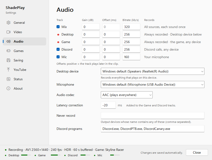 The Audio page with its default values: the track grid with Gain (dB), Offset (ms) and Bitrate (kb/s) for Mix (ticked, 0, offset greyed, 320, all sources, each sound once), Desktop and Game (red always-recorded dots, 0, 0, 256), Discord (ticked, 0, 0, 256, Discord calls, any device) and Mic (ticked, 0, 0, 160, your microphone); Desktop device 'Windows default (Speakers (Realtek(R) Audio))', Microphone 'Windows default (Microphone (USB Audio Device))', Audio codec AAC (plays everywhere), Latency correction -20 ms, an empty Never record box and Discord programs 'Discord.exe, DiscordPTB.exe, DiscordCanary.exe'