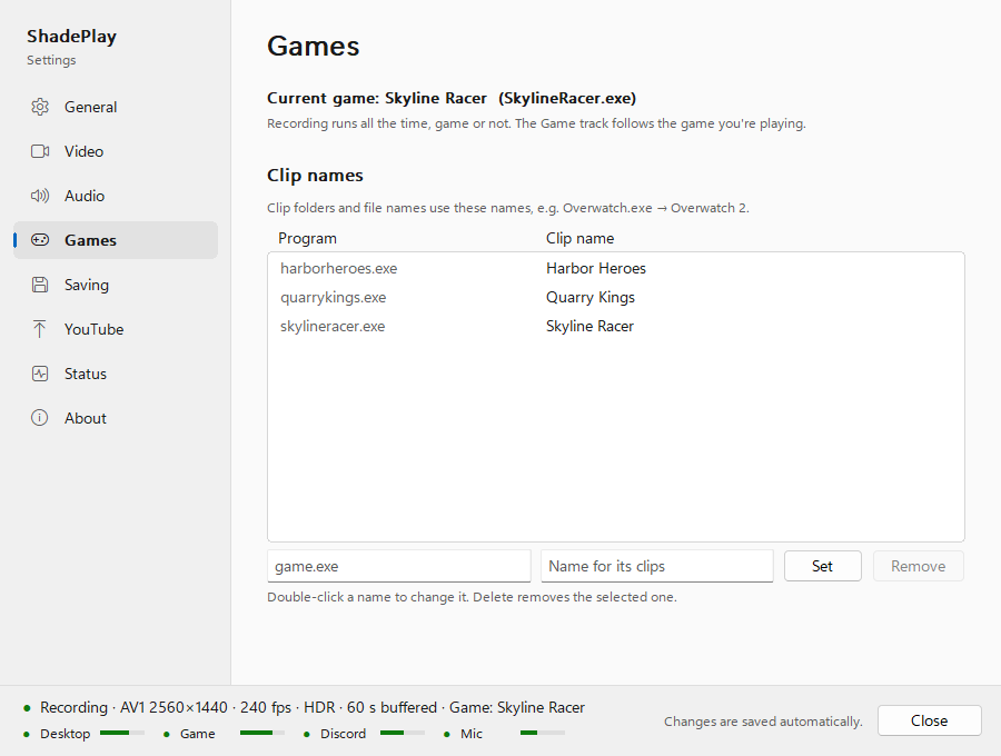 The Games page: 'Current game: Skyline Racer (SkylineRacer.exe)', then the Clip names list with harborheroes.exe as Harbor Heroes, quarrykings.exe as Quarry Kings and skylineracer.exe as Skyline Racer, and under it the empty game.exe and Name for its clips boxes with the Set and Remove buttons