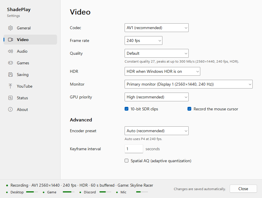 The Video page with its default values: Codec AV1 (recommended), Frame rate 240 fps, Quality Default with 'Constant quality 27, peaks at up to 300 Mb/s (2560×1440, 240 fps, HDR).', HDR when Windows HDR is on, Monitor 'Primary monitor (Display 1 (2560×1440, 240 Hz))', GPU priority High (recommended), 10-bit SDR clips and Record the mouse cursor ticked; under Advanced: Encoder preset Auto (recommended) with 'Auto uses P4 at 240 fps.', Keyframe interval 1 seconds and Spatial AQ (adaptive quantization) unticked