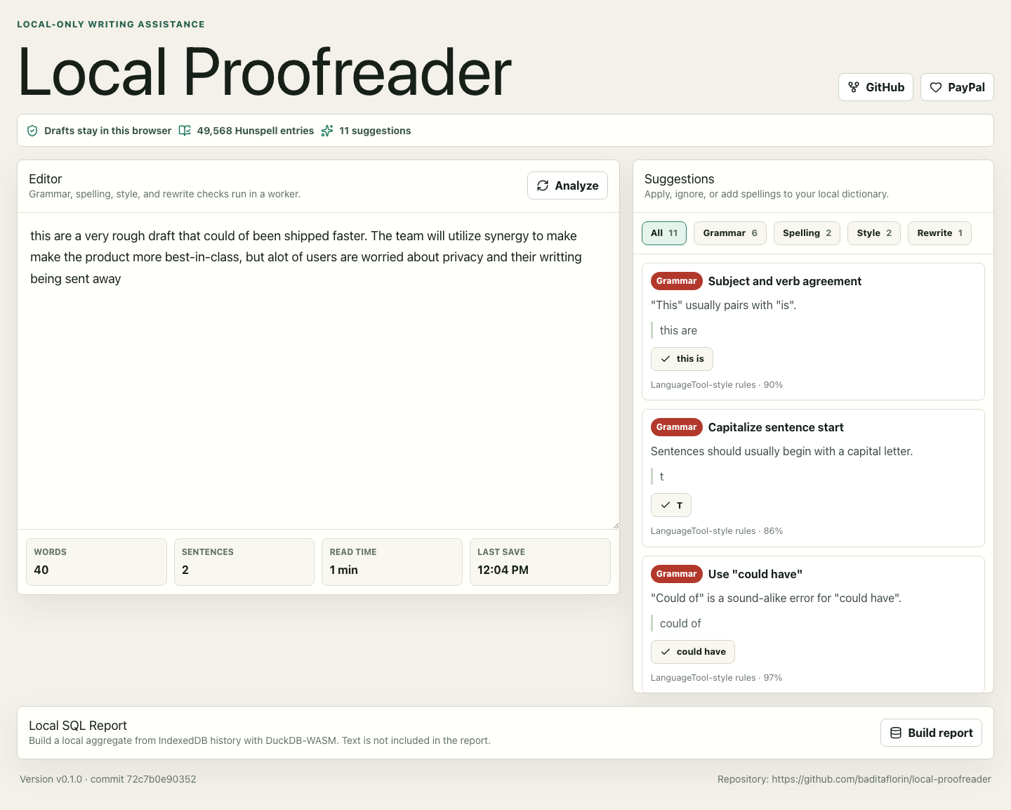 Local Proofreader demo