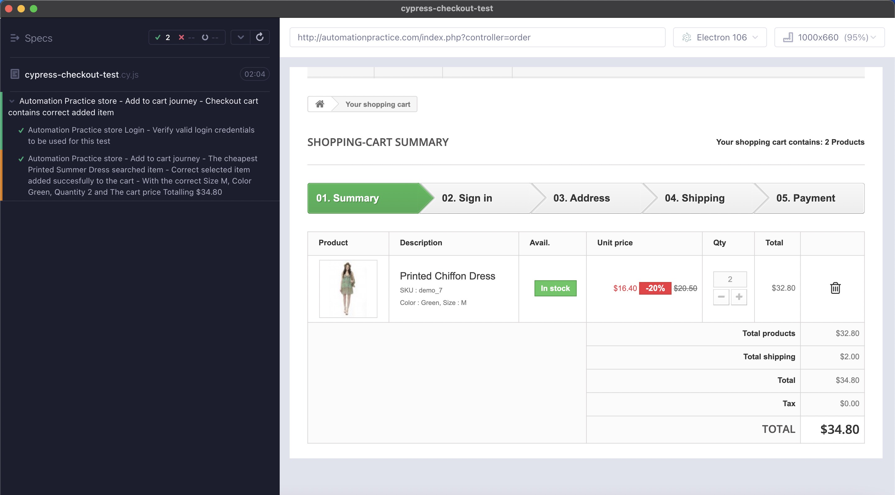 Cart checkout page in Cypress Electron browser runner with no testWithBrowserNoExit npm run