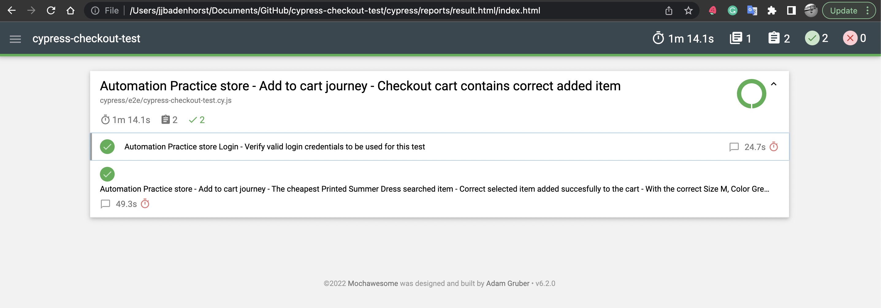 Successful Run - Cypress Test Results HTML report with passed test results output