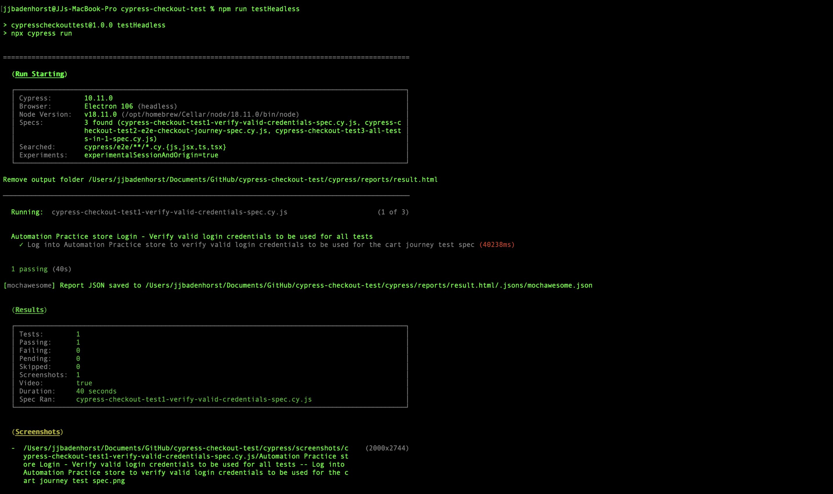 Successful run from Terminal with passed test results output