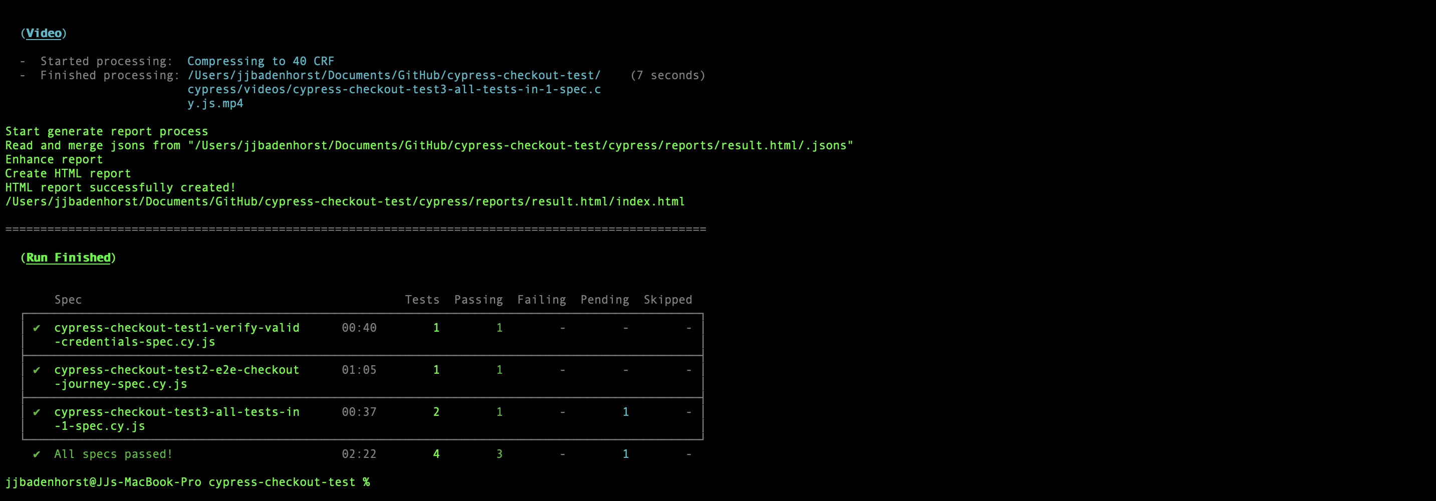 Successful run from Terminal with passed test results output