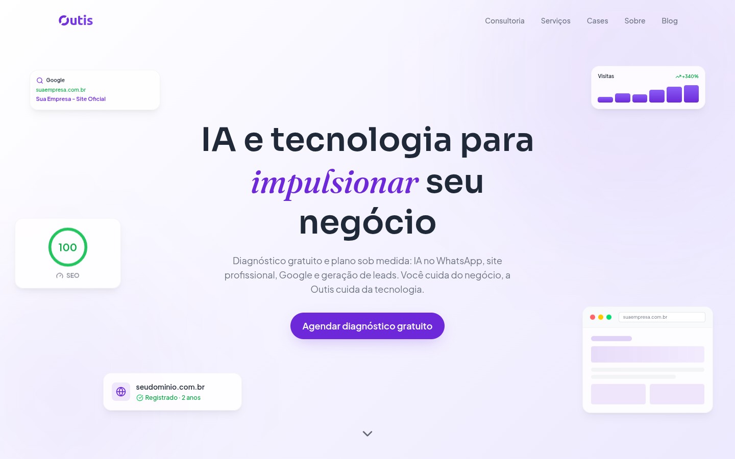 outis.com.br hero: a large Portuguese headline in a geometric sans on a white canvas washed with pale violet, one word set in a violet serif italic, a violet pill CTA, and glass cards floating around the edges showing a search result, a traffic chart and an SEO score