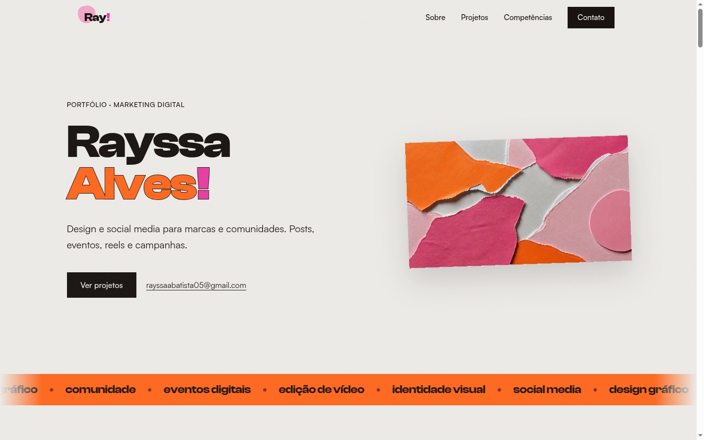 rayssaalves.com hero: the name Rayssa Alves set in heavy black display type with Alves in orange outline, on a warm paper canvas, beside a torn-paper collage in orange and magenta