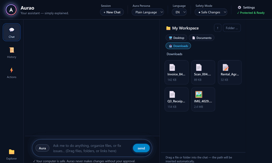 Aurao Desktop Assistant organizing files with 1-click Human-in-the-Loop approval cards