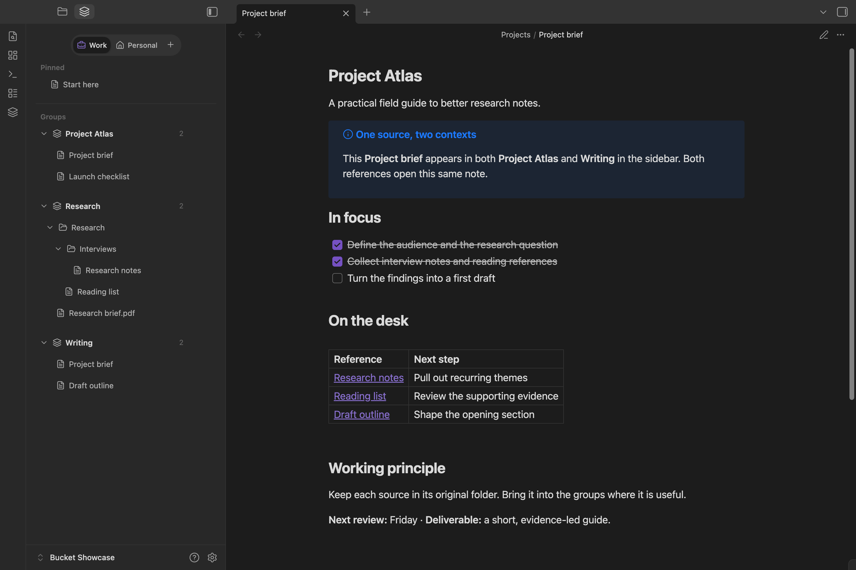 Bucket Sidebar in dark mode: the same Work space and shared Project brief with the default Obsidian theme