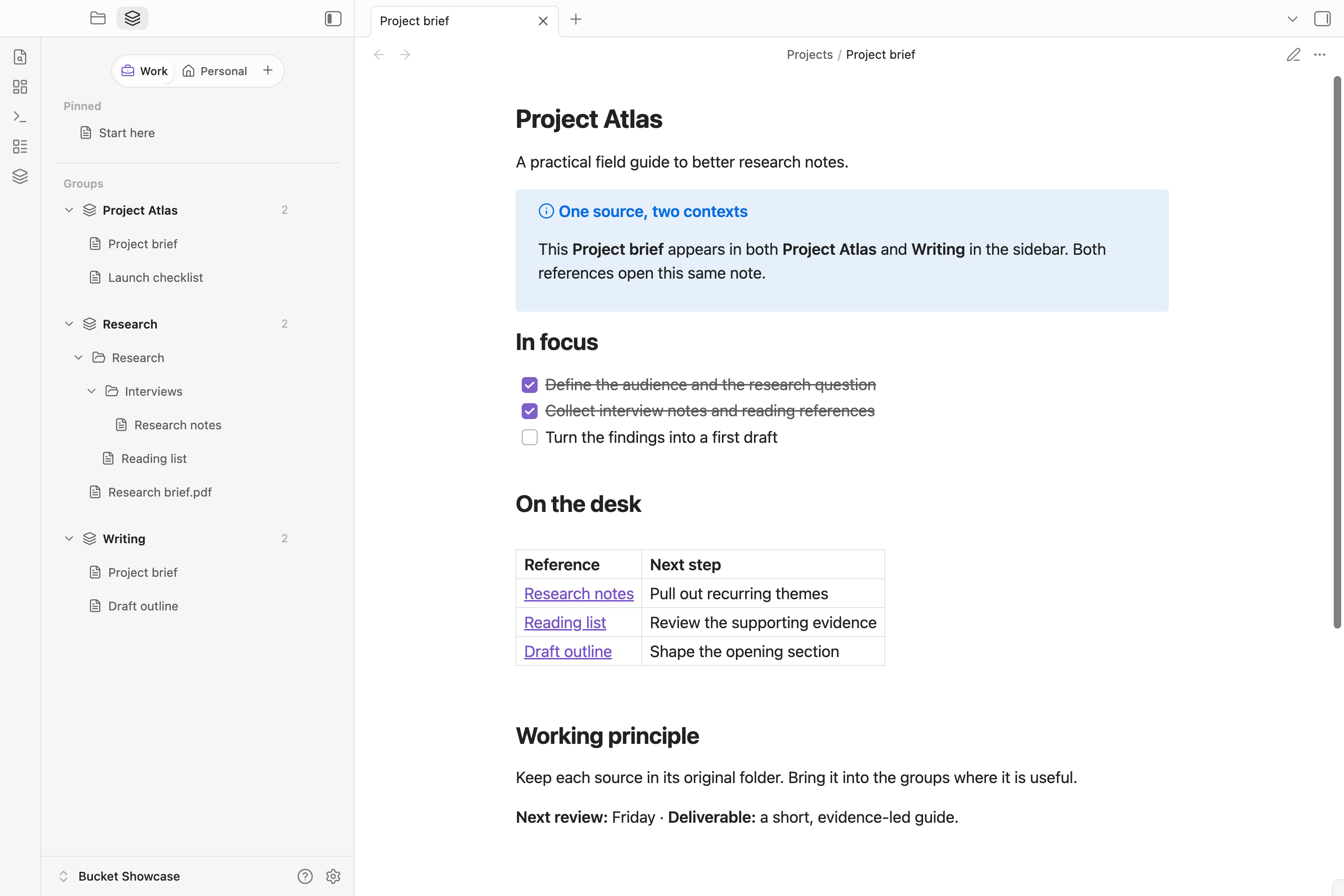 Bucket Sidebar in light mode: Work and Personal spaces, a pinned note, nested folders, a PDF and the same Project brief in two groups