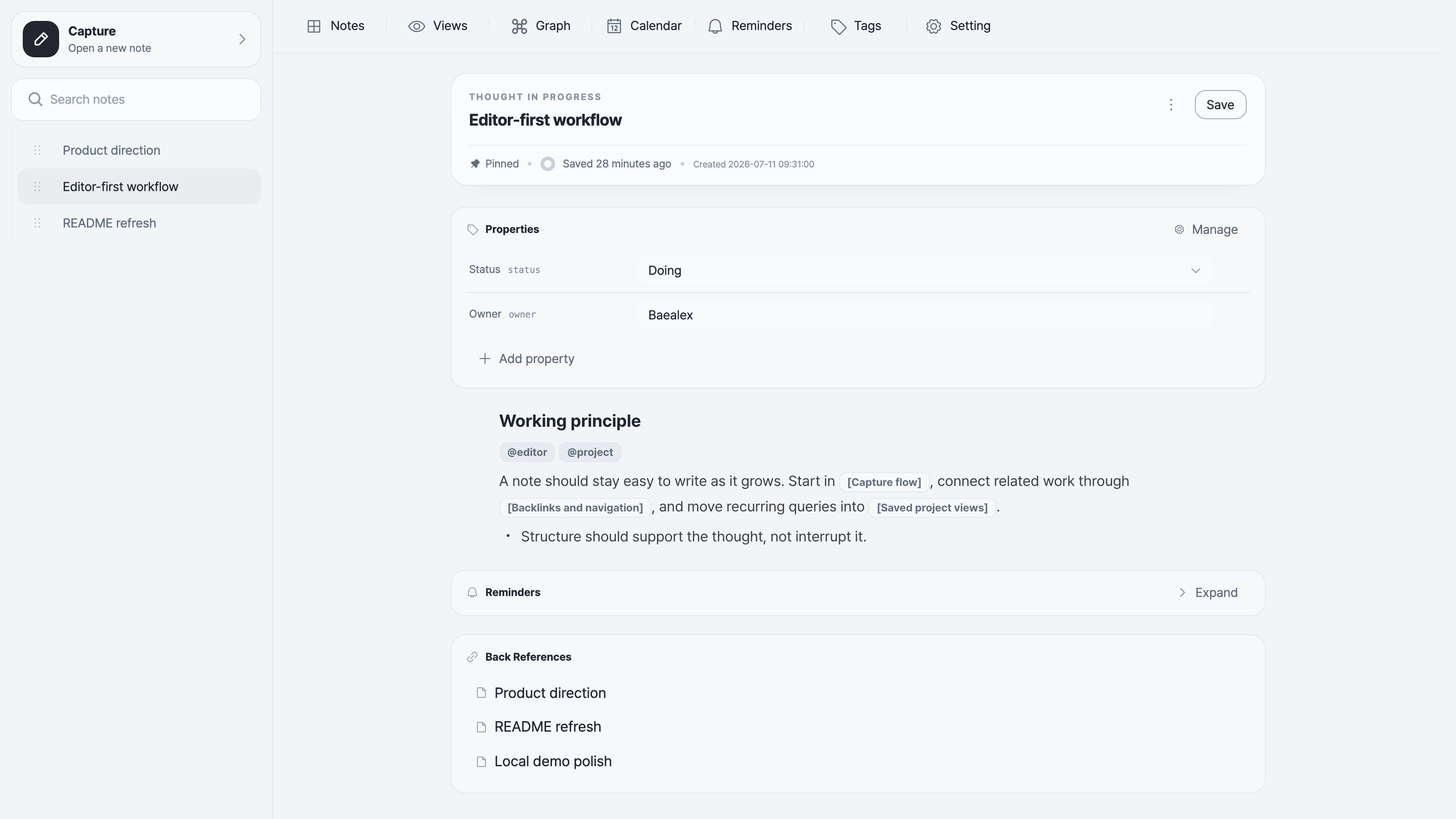 Ocean Brain workspace showing a connected note with typed properties, inline references, and automatic backlinks