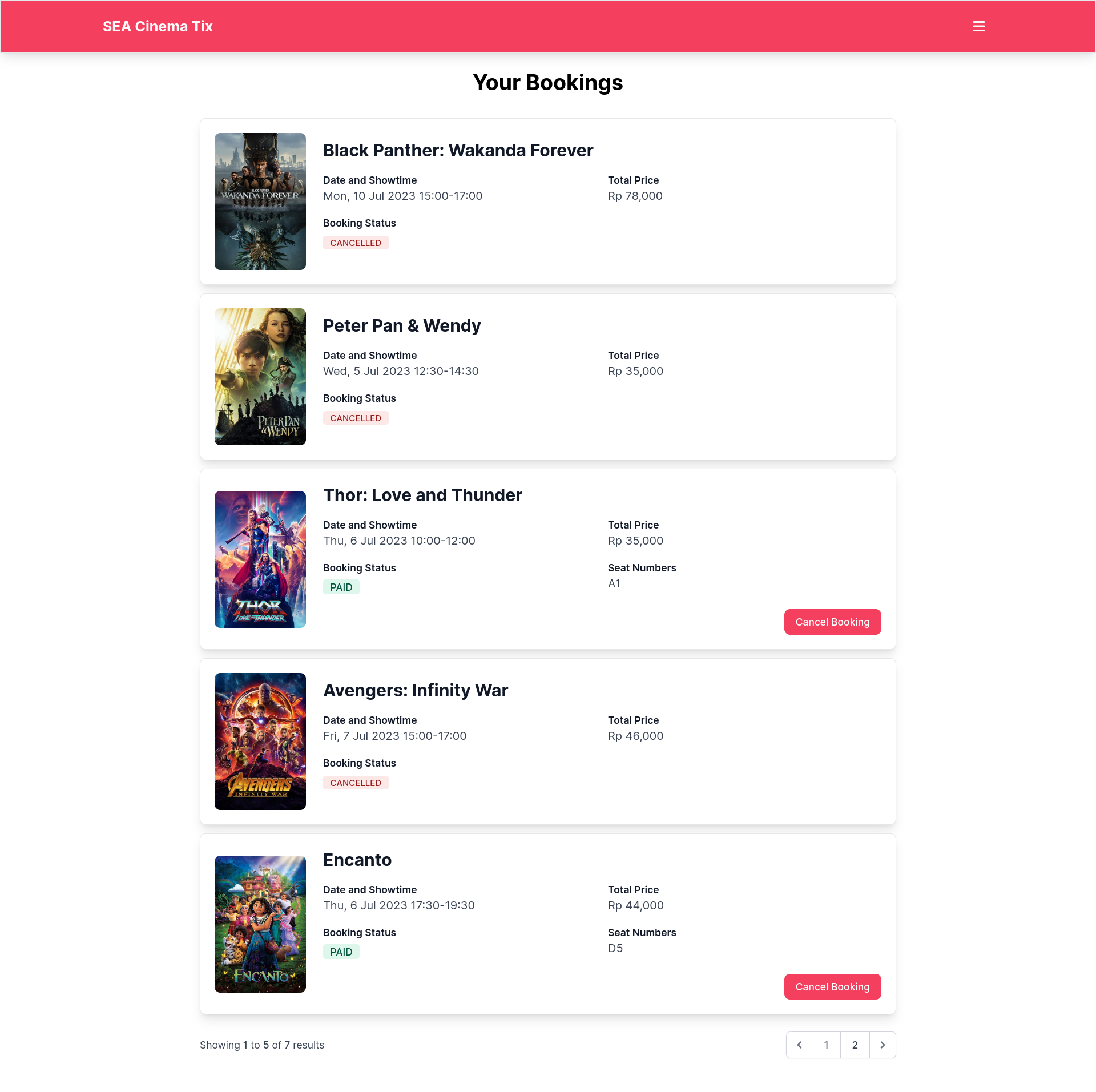 Booking History Page