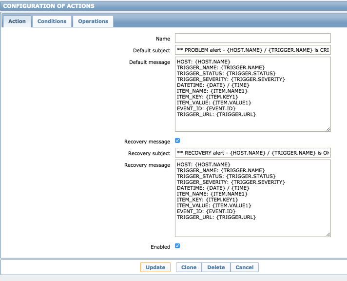 Zabbix Server Action settings